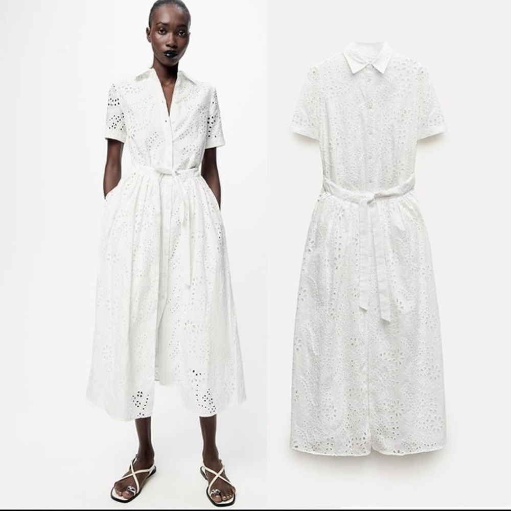 ZARA white embroidered eyelet midi maxi dress size M